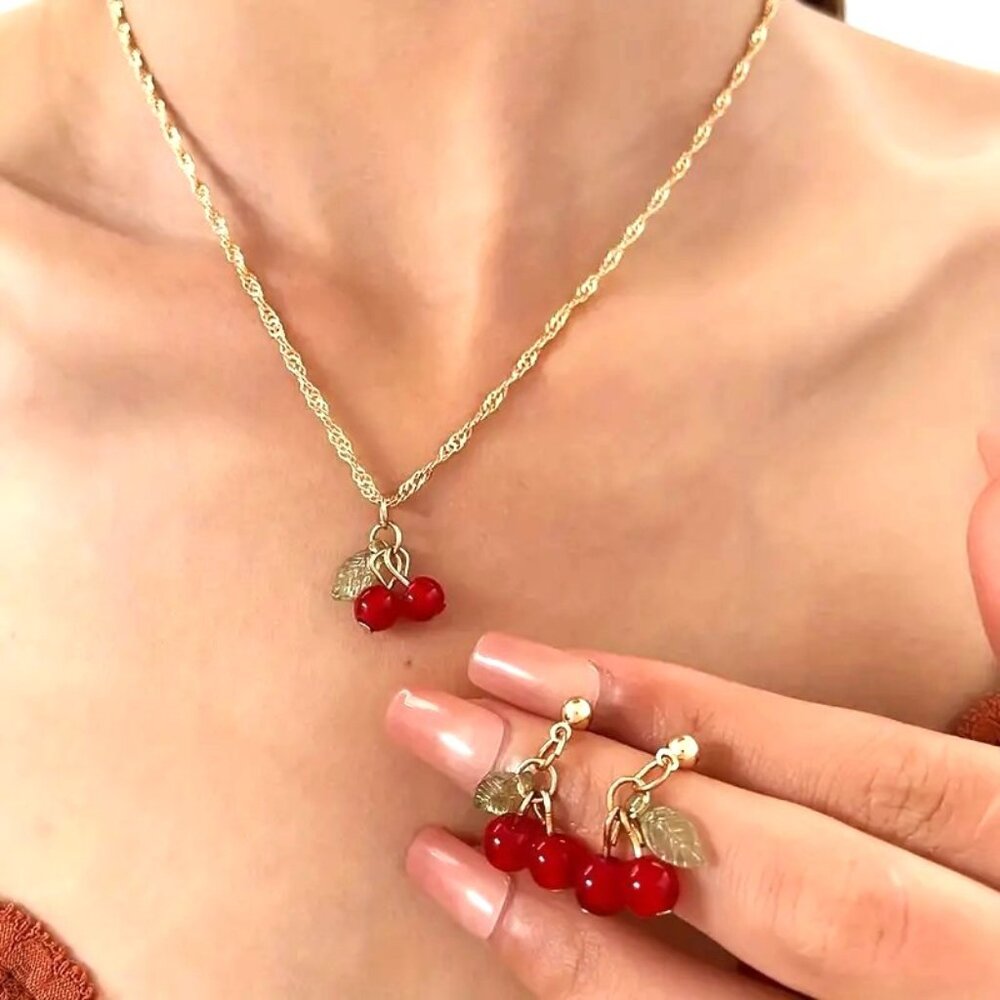 Necklace & Earrings Cherry Bomb 3pc Charm Sweet Pendant Trendy Stylish Glam Sexy